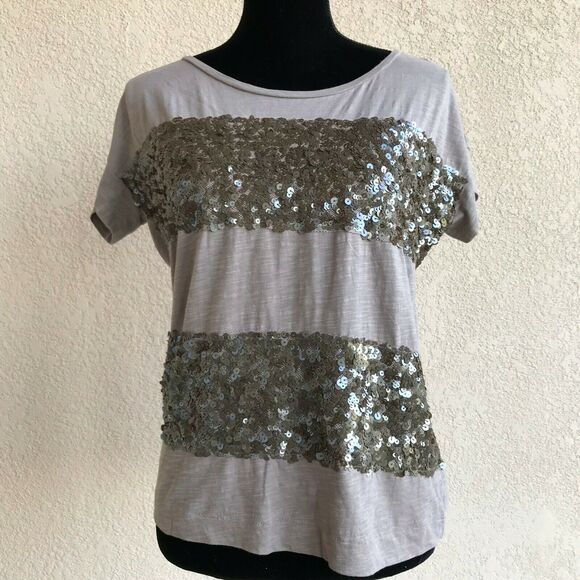 LOFT Womens Top‎ Size Small Light Gray Sequined Striped Short Sleeve NEW - Picture 6 of 7